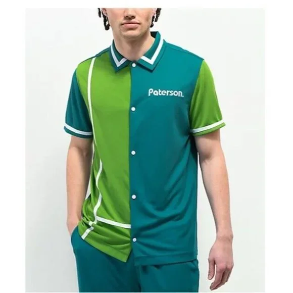 Paterson Men’s Courtside Teal & Green Short Sleeve Button‎ Up Snap Shirt Medium - Picture 2 of 16